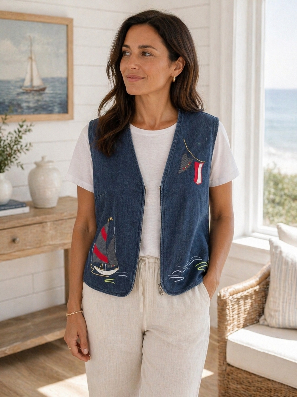 Vintage Nautical Denim Vest Sailboat Embroidered Coastal XL